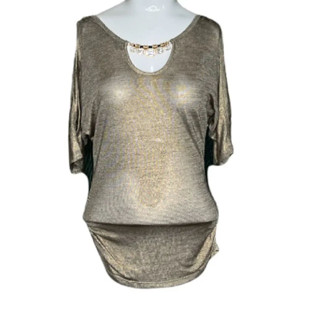NWT iz Byer XS gold cold shoulder jeweled neckline top